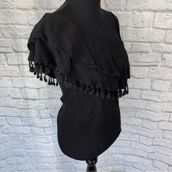 Blue Rain one shoulder top w/Pom Pom fringe black size small women - Picture 10 of 11
